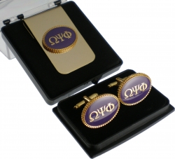 View Product Detials For The Omega Psi Phi Oval Medallion Cuff Links & Money Clip Set